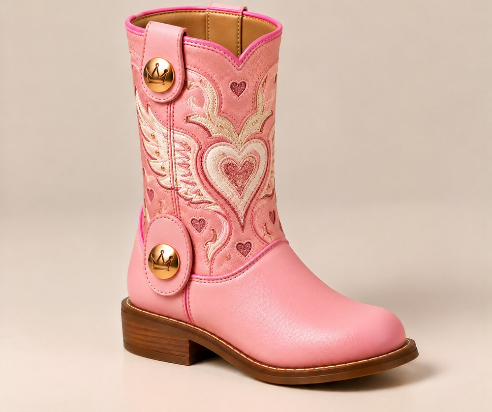 Bota Kibibi rosa con caña bordada de corazón con alas y broches con corona