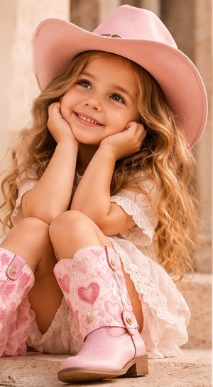 Niña con sombrero vaquero rosa y botas Kibibi con cañas de corazones